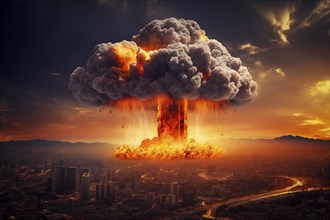 Nuclear blast and mushroom cloud in a city skyline. The explosion is destroying buildings and