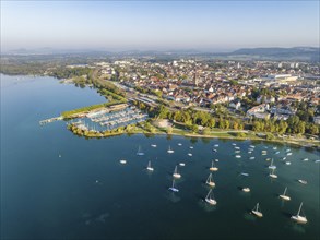 Aerial view of the town of Radolfzell on Lake Constance with the WÃ¤schbruck harbour, harbour pier