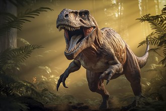 Tyrannosaur rex roaring in a prehistoric forest with lush vegetation, ferns and sunlight, AI