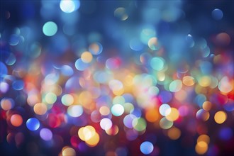 An abstract and colorful defocused blurred bokeh background with bright lights and festive