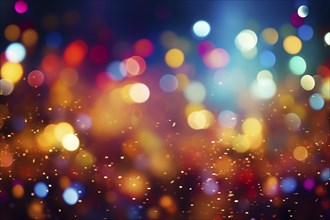 An abstract and colorful defocused blurred bokeh background with bright lights and festive