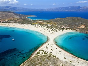 Drone shot, double bay of Simos beach, Sarakiniko beach, Elafonisos, Deer Island, Laconia,