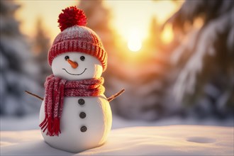 Smiling cute snowman with a red scarf and hat in a winter forest landscape at sunset. Concept the