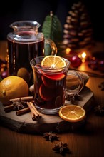 Glass of traditional mulled wine with orange and cranberry garnishes on a cozy Christmas table. The