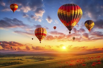 A colorful hot air balloons floats in sky over a blooming field meadow of flowers landscape at