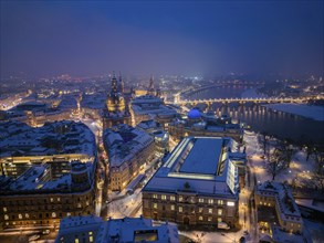 Dresden old town at night in winter. Albertinum and Brühlscher Garten, Dresden, Saxony, Germany,