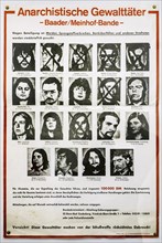 German wanted poster with mug shots of terrorists of Baader-Meinhof Group, Red Army Faction,