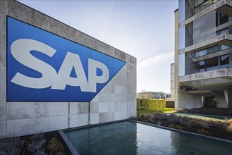 Logo and building of the listed software company SAP, headquarters in Walldorf, Baden-Württemberg,