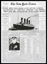 1912 front page news of The New York Times reporting the sinking of the Titanic after hitting