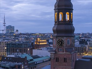 Aerial view main church St. with television tower Heinrich Hertz-Turm at blue hour, Hamburg,