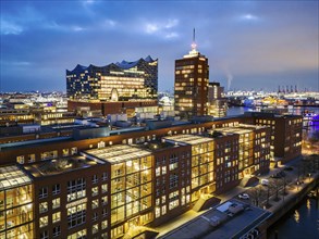 Aerial view of the Elbe Philharmonic Hall at blue hour, Hamburg, Germany, Europe