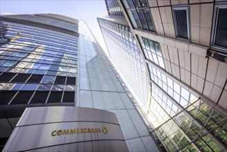 Commerzbank, facade of the high-rise building with logo, banking district, Frankfurt am Main,