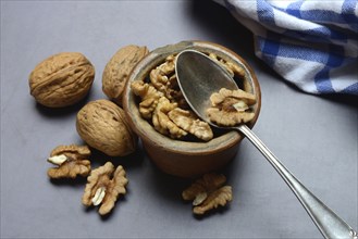 Walnut, walnuts in pots with spoon, Juglans regia