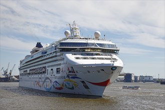 Cruise ship Norwegian Star of the shipping company Norwegian Cruise Line enters the port of Hamburg