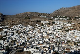 View, view from the Acropolis to Lindos, Rhodes, Greece, Europe