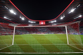 CL, Champions League evening, Allianz Arena, interior, goal net, scoreboard, pitch, empty, Munich,