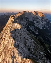 Aerial view, sunset, alpenglow in the mountains, mountain range, Wilder Kaiser, Tyrol, Austria,