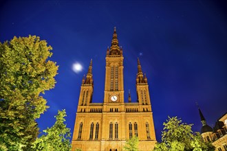 Neo-Gothic Market Church with full moon at night, main Protestant church, Wiesbaden, Hesse,