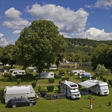 Camping site on the river island Obere Tanzwerder on the tributary of the river Fulda, Hannoversch