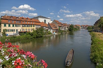 Houses, Boat, Little Venice, Regnitz, Bamberg, Upper Franconia, Bavaria, Germany, Europe