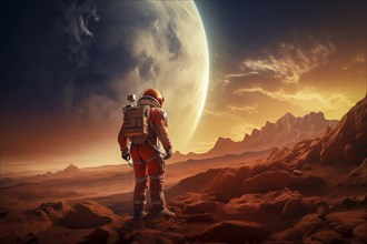 Future space travel mission to Mars, Astronaut in an orange suit walking on the surface of Mars