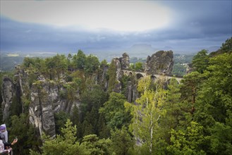 The world-famous Bastei Bridge over the Wehlgrund with Neurathen Rock Castle