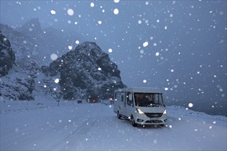 With motorhome in winter snowfall on Andoya, Vesteralen, Norway, Europe