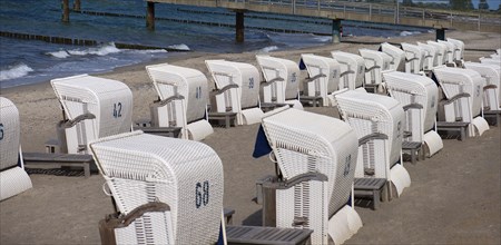 White beach chairs on the beach of Heiligendamm, Mecklenburg-Vorpommern, Germany, Europe