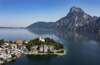 Drone shot, panorama shot, Johannesberg Chapel, Traunkirchen with Traunstein, Lake Lake Traun,