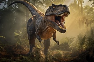 Tyrannosaur rex roaring in a prehistoric forest with lush vegetation, ferns and sunlight, AI