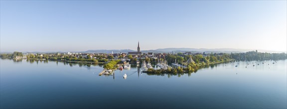 Aerial panorama of the town of Radolfzell on Lake Constance with the WÃ¤schbruckhafen, harbour pier