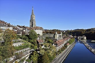 View of the Old Town, Bern Cathedral and the River Aare, Bern, Canton of Bern, Switzerland, Europe