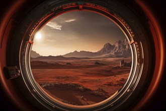 Mars landscape seen through spaceship window illuminator. Concept of extraterrestrial journey space