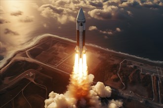 Aerial view of a rocket launch at sunrise sunset over an ocean coast. The rocket is blasting off