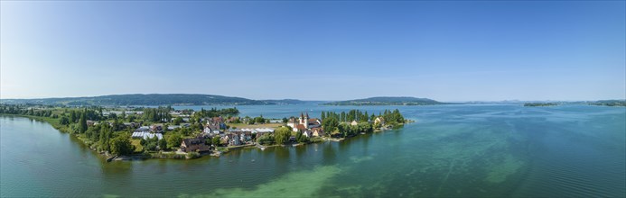 Aerial panorama of Reichenau Island seen from the north, on the horizon on the left the Thurgau