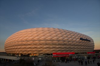 Allianz Arena in the evening light, golden hour, Munich, Bavaria, Germany, Europe