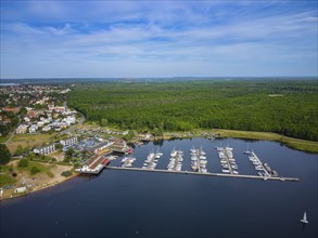 Beach and harbour in Zöbiker on Lake Cospuden