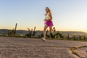 Fitness workout jogging, young woman in Fitness training, vineyard at Grossheppach, Remstal valley,