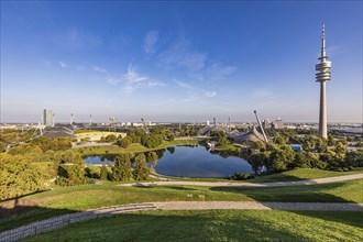 Olympic Park with Olympic Stadium, Olympic Lake and Olympic Tower in Munich, Bavaria, Germany,