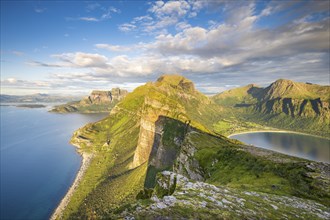 View from Finnesfjellet mountain to mountains and coast, Finnes, Helgeland coast, Bodo, Nordland,