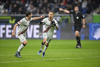 Goal celebration Alejandro Grimaldo Bayer 04 Leverkusen (20) gestures, gesture, with Jonas Hofmann