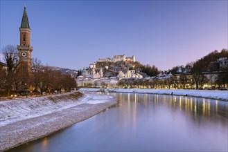 Winter Salzburg in the last light, Old Town, Cathedral, Fortress Hohen Salzburg, Salzach, Salzburg,