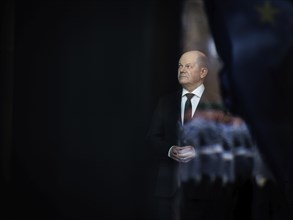 Olaf Scholz, Federal Chancellor, recorded during a press conference at the Federal Chancellery in