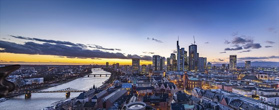 View of the banking district in the evening, skyscrapers of the credit institutions, Mainhatten, in