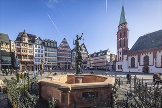 Römerberg with half-timbered houses, Justizia fountain and Old Nikolai Church, city centre of