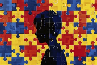 Silhouette of boy child's head with yellow, blue and red jigsaw puzzle pieces. KI generiert,