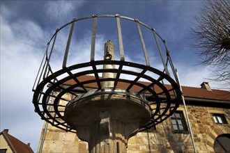 Historic pillory in front of the heritage-protected town hall, Obermarsberg, Marsberg, Sauerland,