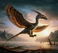 A prehistoric bird Archaeopteryx, a dinosaur and ancestor of birds, glides over a primeval