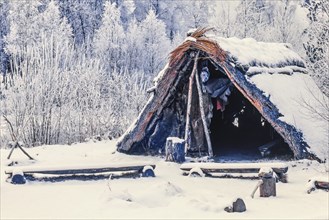 Reconstruction of a Stone Age hut made of reeds in a snowy winter landscape, Sweden, Europe