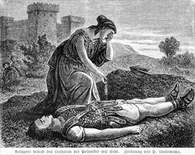 Antigone covers the body of Polynices with earth, Greek mythology, landscape, castle, mountains,